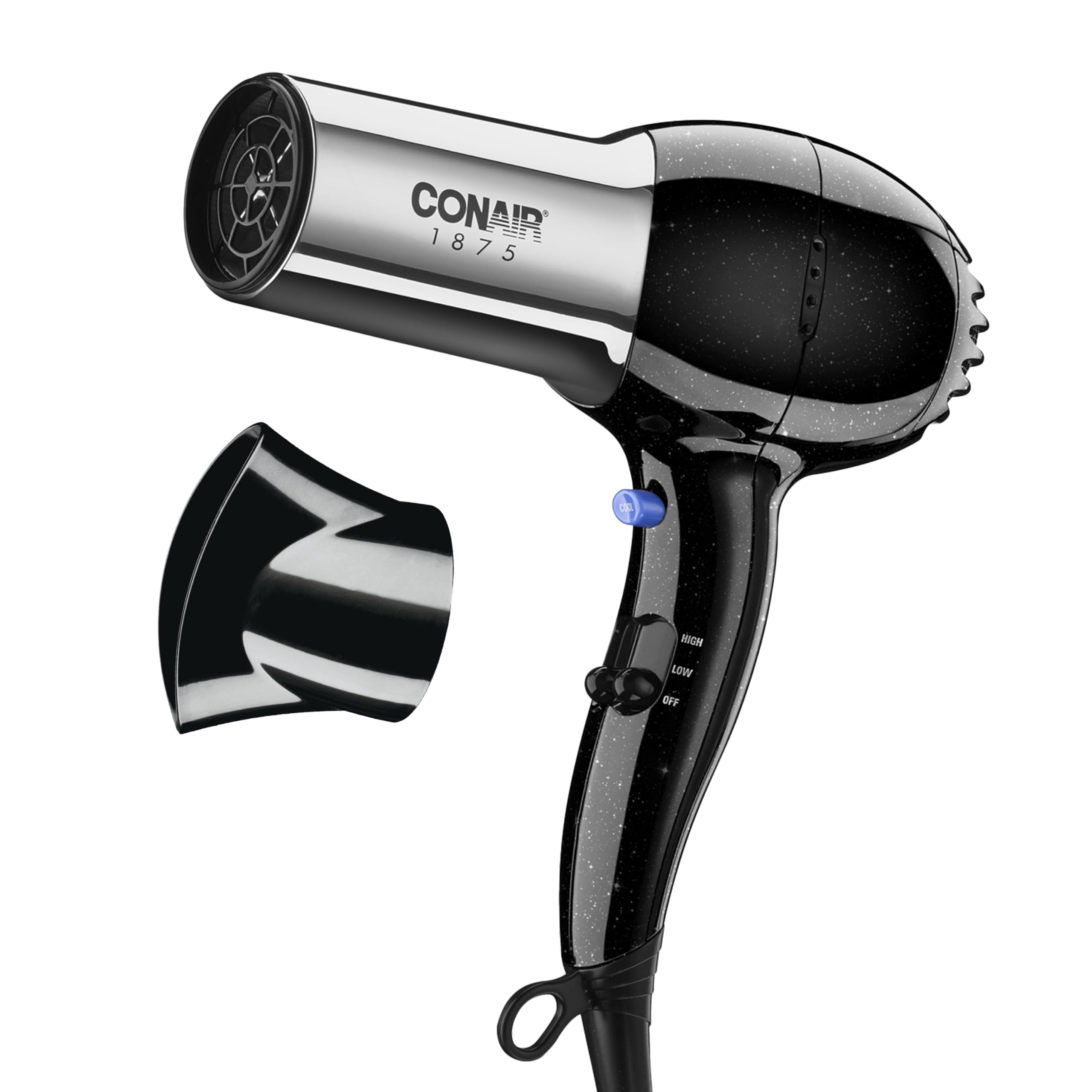 Photo 1 of Conair Hair Dryer, 1875W Full-Size Hair Dryer with Ionic Conditioning, Blow Dryer, Tourmaline Ceramic Technology for Quick Drying, Black/Chrome
