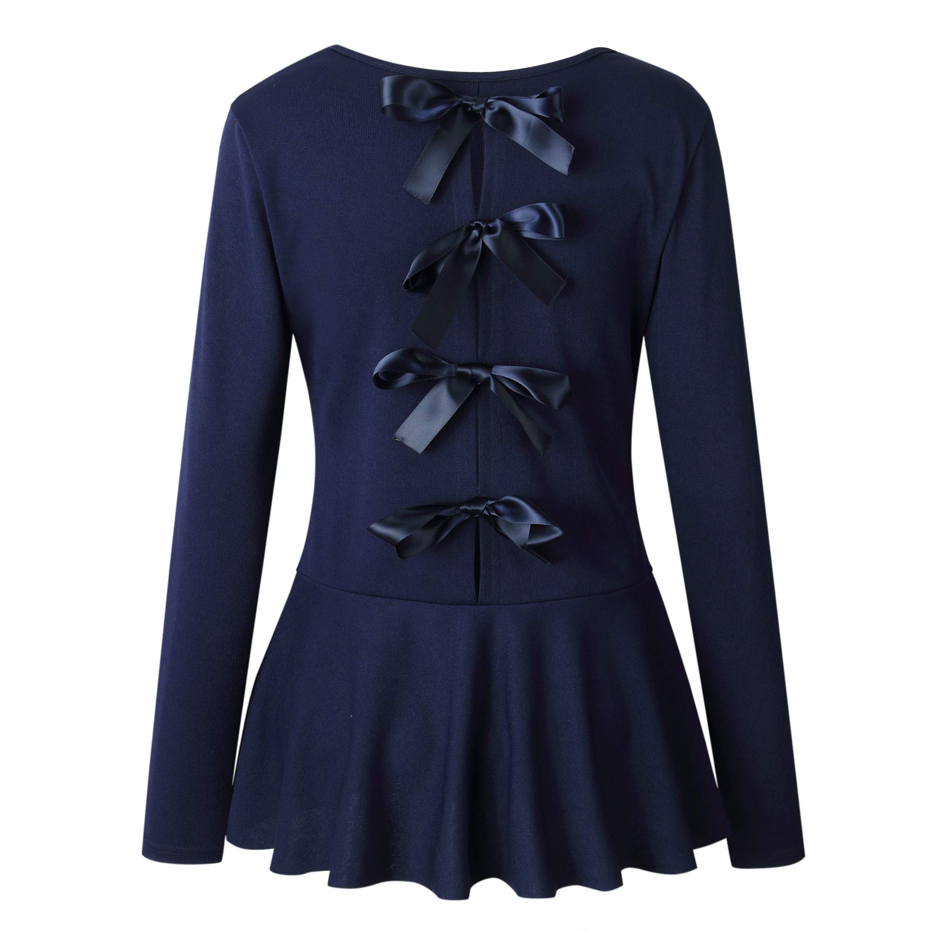 Women\'s Cute Long Sleeve Shirts - Unique Bowknot Tie Back Ruffe Tops Medium Navy