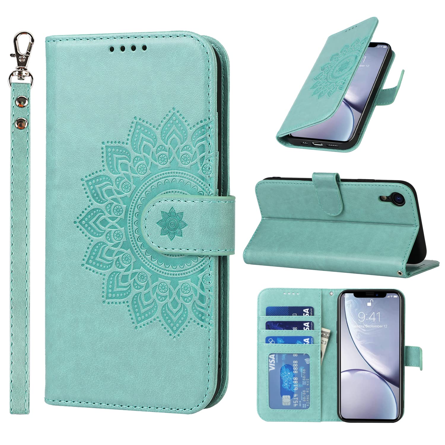 ELTEKER Wallet Case Compatible with iPhone XR with Card Holder Kickstand [TPU Inner Shell], PU Leather Phone Cover- Green