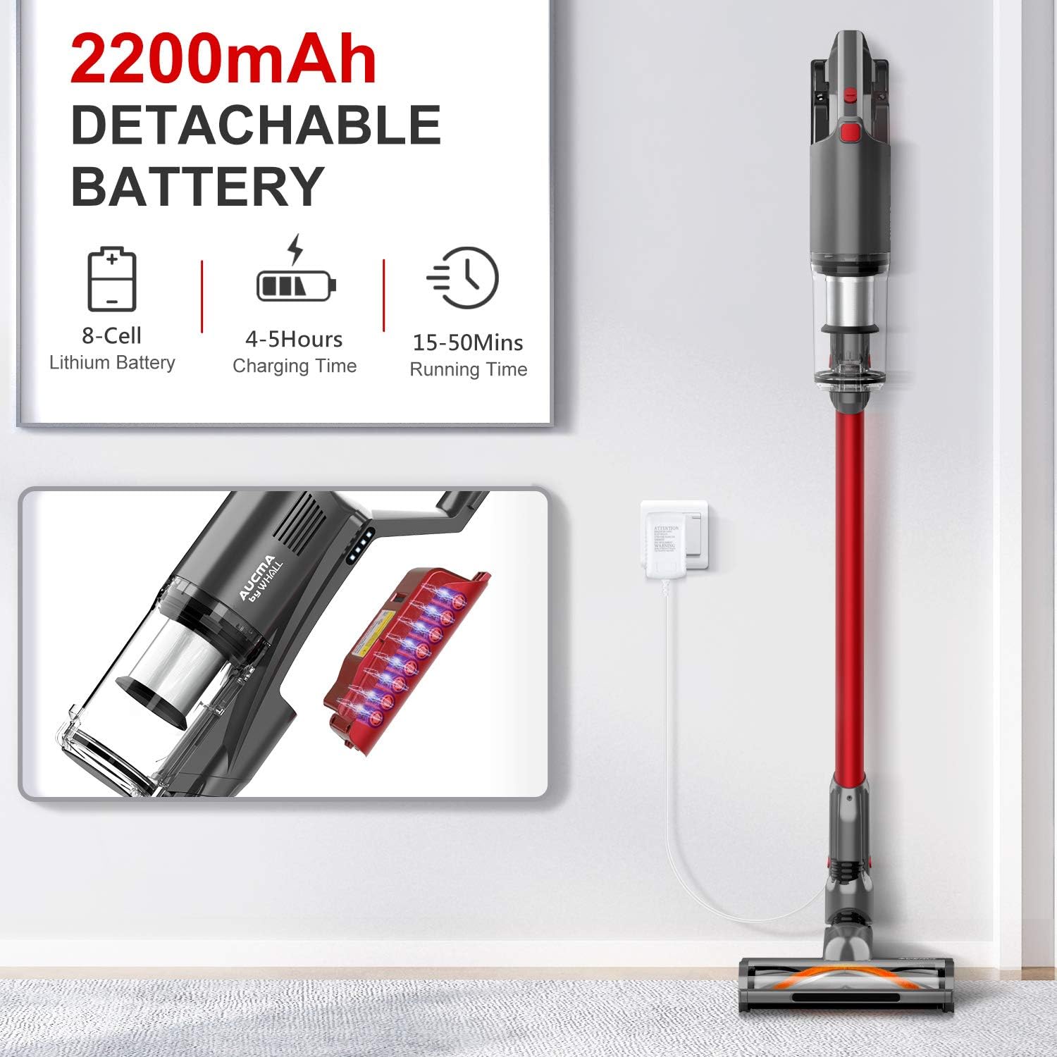 Cordless Vacuum Cleaner, Aucma by whall 250W Motor 3 Working Mode up to 50 Mins Runtime Cordless Stick Vacuum 4 in 1 Lightweight Vacuum Cleaner with Multifunctional Replacement Nozzle for Home Hard Floor Carpet Pet Hair -