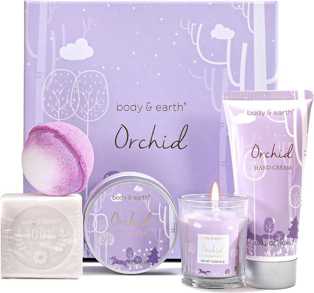 BODY & EARTH Orchid Bath Spa Gift Set 5 Pcs Candle Body Butter Hand Cream
