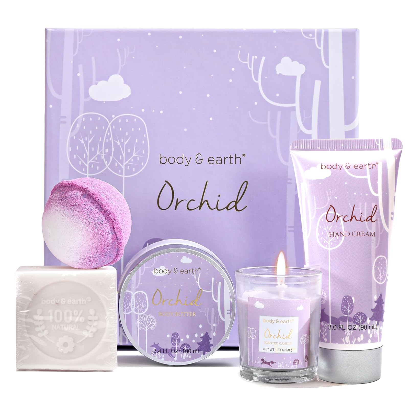 BODY & EARTH Luxury Gifts for Women, 5 Pcs Orchid Bath Spa Gift Set Includes Scented Candle, Body Butter, Hand Cream,Birthday Gift Sets for her Pregnant Women,Mother Day Valentine's Day Gifts