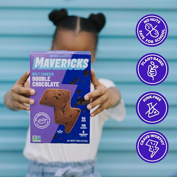 MAVERICKS DOUBLE CHOCOLATE BOLT COOKIES – PLANT-BASED CHOCOLATE CHIP COOKIES, PLANT BASED SNACK FOR KIDS, NUT FREE, 40% LESS SUGAR – 7 OZ BOX (1 PACK)