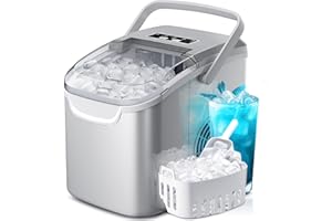 Portable Countertop Ice Maker Machine with Handle, 8 Bullet-Shaped Ice Cubes Ready in 6 Mins, 26Lbs/24H, Self-Cleaning Function with Ice Scoop and Basket for Home/Kitchen/Party (Grey)