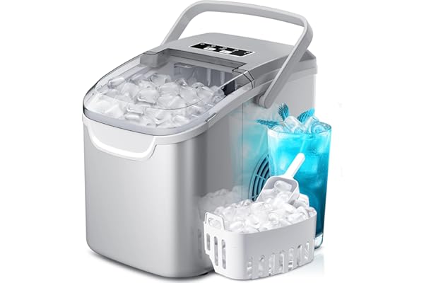 Crzoe Ice Makers Countertop with Handle, 2 Sizes of Ice, 8 Bullet Ice Cubes in 6 Mins, 26Lbs/24H, Portable Ice Maker with Self-Cleaning, Ice Machine for Home&Kitchen&Office&Party (Grey)
