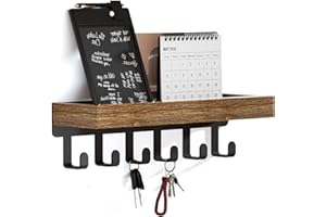 SWTYMIKI Key Holder for Wall with Wood Tray and 6 Hooks, Wall Mounted Key Racks Hangers Home Decor Mail Organizer for Hallway