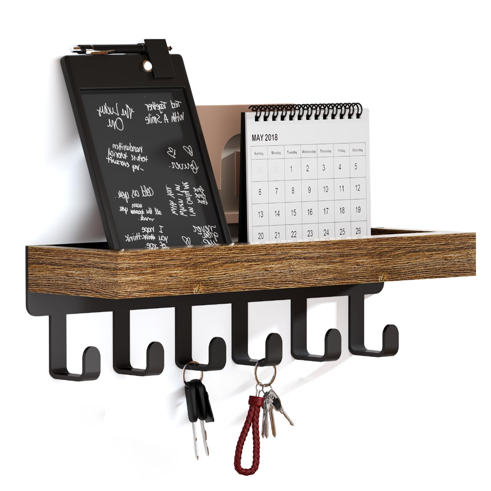 SWTYMIKI Key Holder with Wood Tray and 6 Hooks, Wall Mounted Key Racks, Key Hangers Home Decor Key Rack Mail Organizer for Hallway, Entryway, Bedroom, Mudroom, Office