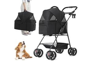 MSmask 3 in 1 Dog Stroller for Medium Small Dogs Up to 35lbs, 4 Wheels Folding Pet Stroller w/Detachable Travel Carrier, Cat Puppy Stroller, Push Button Entry, Storage Basket, Cup Holder, Black