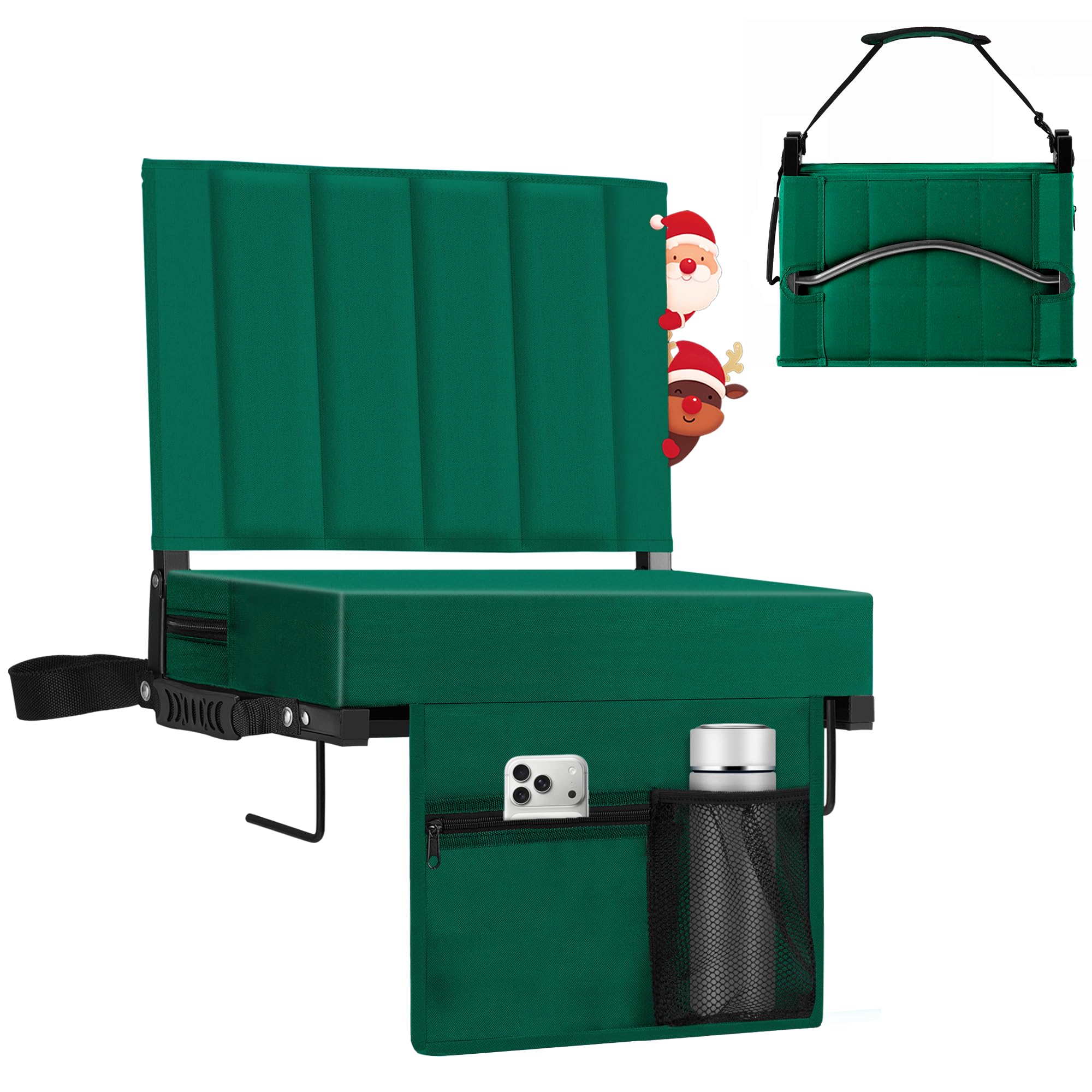 Halituny Stadium Seat for Bleachers with Back Support 2 Pack, Portable Bleacher Seat with Padded Cushion, Metal Hook, Folding Stadium Chair with Shoulder Strap, Carry Handle, Cup Holder, Green Image