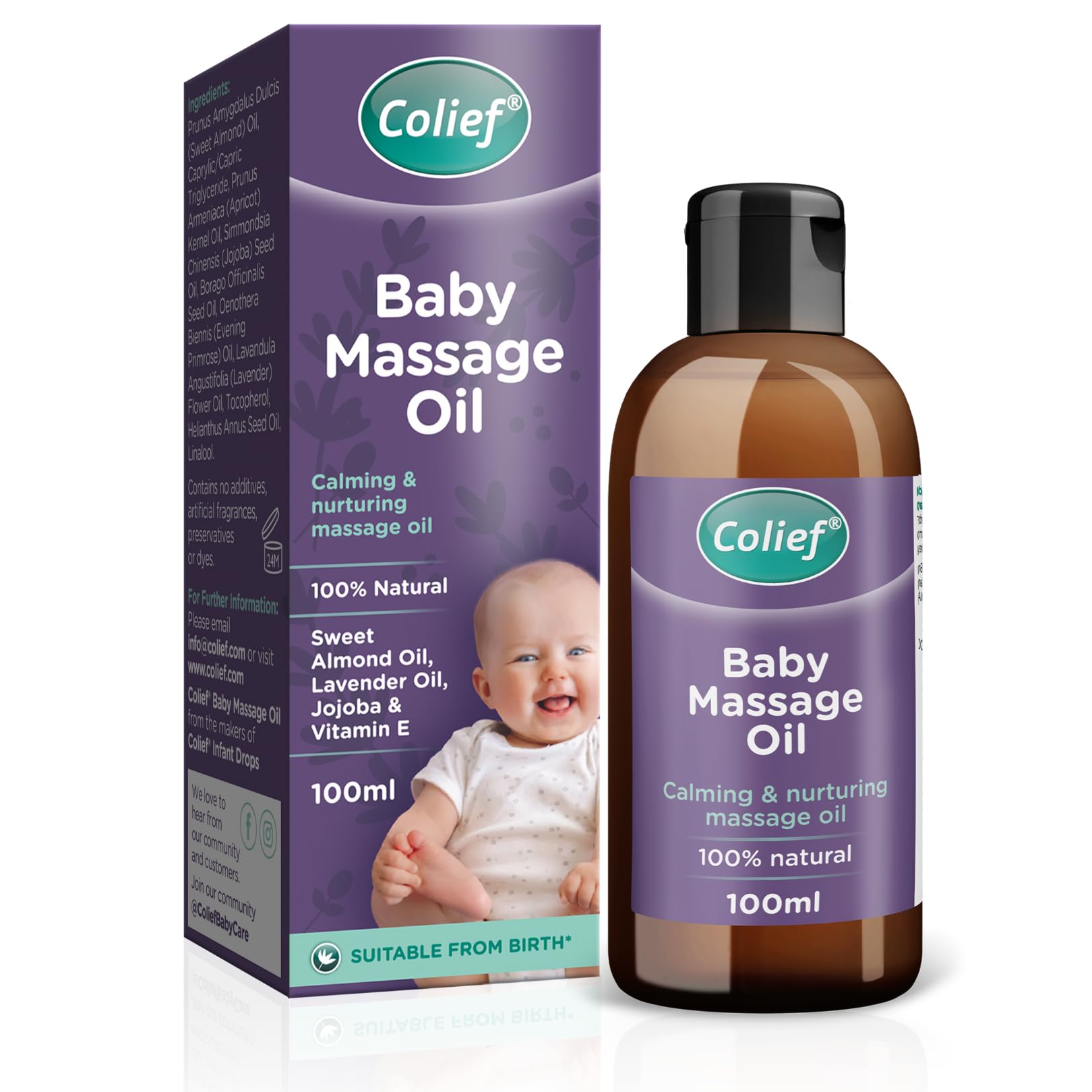 Colief Baby Massage Oil | Soothing Oil For Infants | Made With 100% Natural Ingredients Including Sweet Almond Oil, Lavender Oil, Jojoba & Vitamin E | Suitable From Birth 100ml