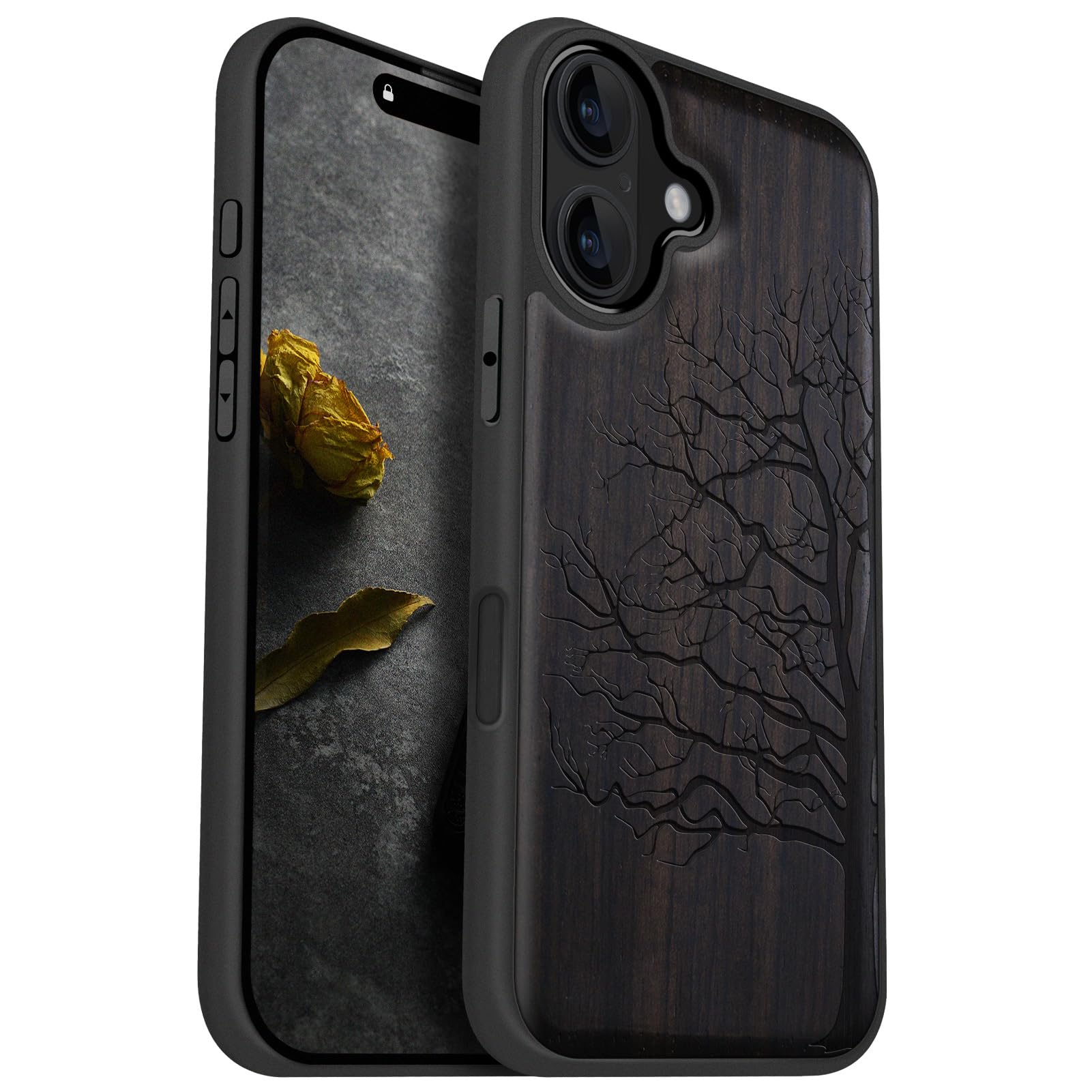 Carveit Eternal Tree Magnetic Wood Case for iPhone 16 - Solid Wood & Black Soft TPU Shockproof Protective Cover - Compatible with MagSafe (Blackwood)
