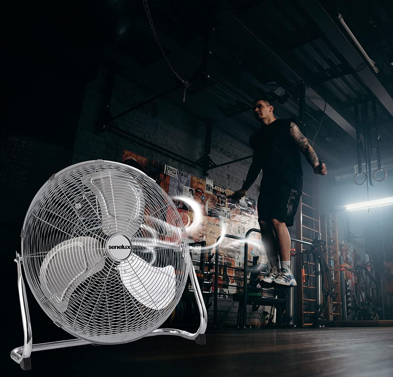 Senelux Bodenventilator – Fitnessstudio-Ventilator aus Chrom – 16-Zoll-elektrischer tragbarer Kühlventilator für den Heim-/Fitnessraum-/Bürogebrauch – 3 Geschwindigkeitseinstellungen mit Kippfunktion 3