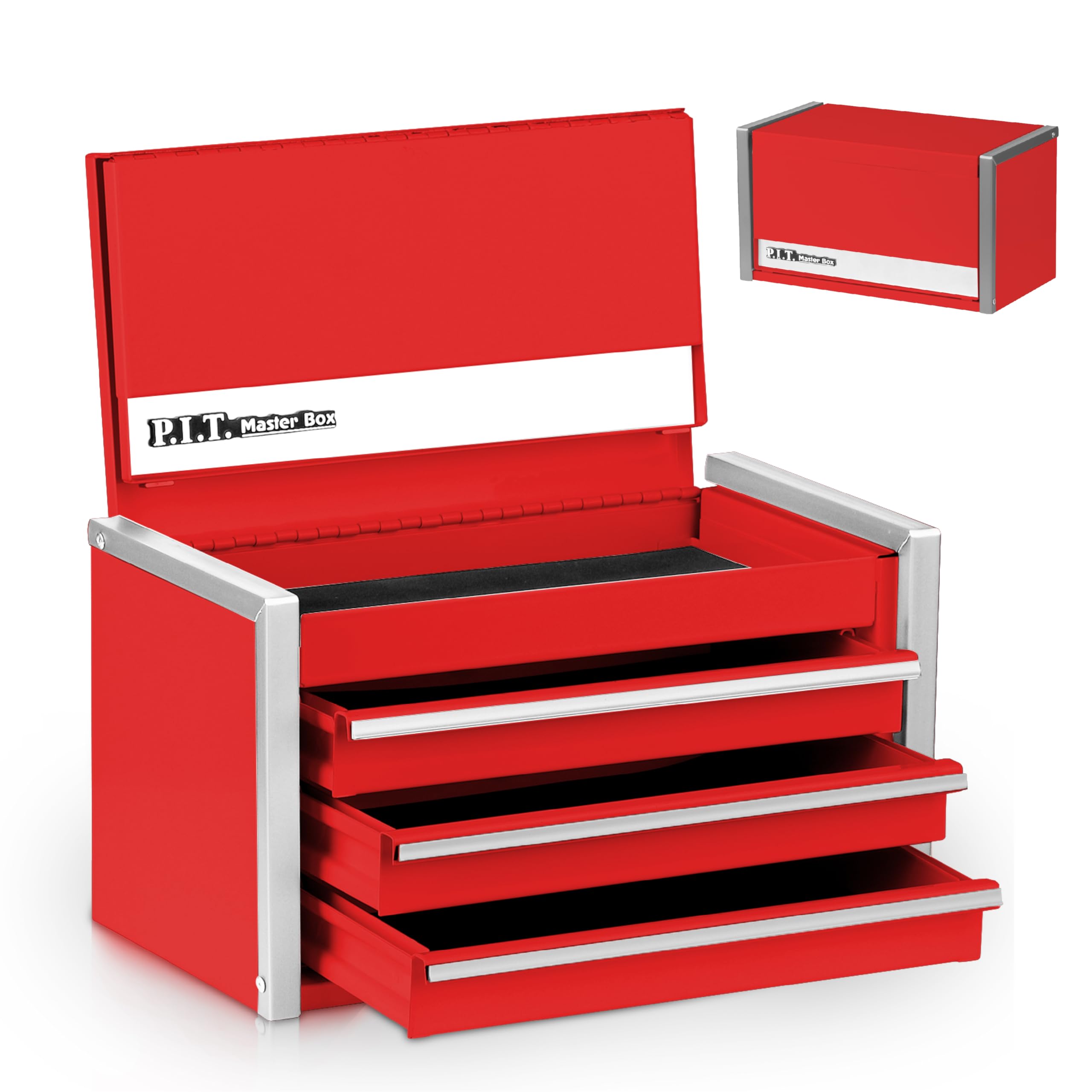 Photo 1 of P.I.T. Mini Red Tool Box, Portable 3 Drawer Steel Stackable Tool Box with Magnetic Tab Locking, Red Micro Top Chest with Liner for Tools Storage and Organizers, Home DIY