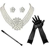 ROFIFY Vintage Necklace,Earrings, Long Black Holder, Black Opera Gloves 1920s Gatsby 4 piece Costume Jewelry accessories Set Audrey Hepburn Inspired Breakfast at T's