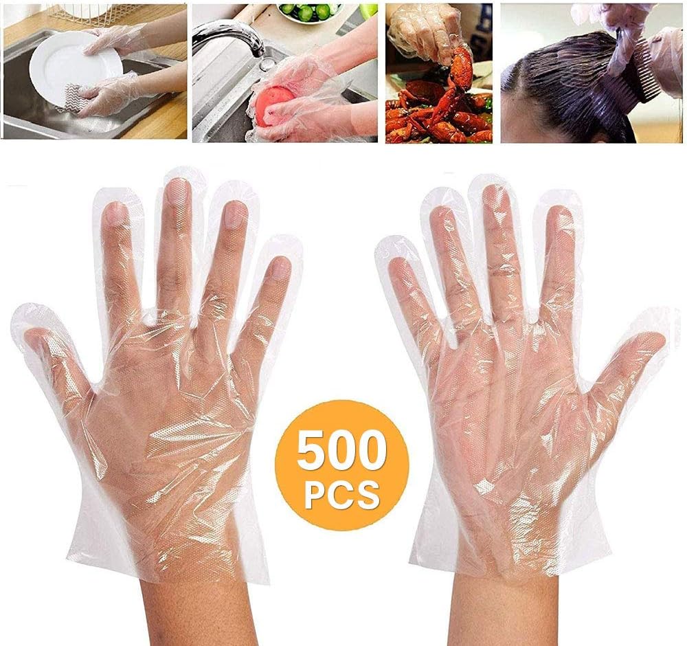 500 Pcs Plastic Glove Disposable, Waterproof Gloves Clear Protective Hand Glove for Cooking Cleaning Food Preparation Hair Dye Gloves (Medium)