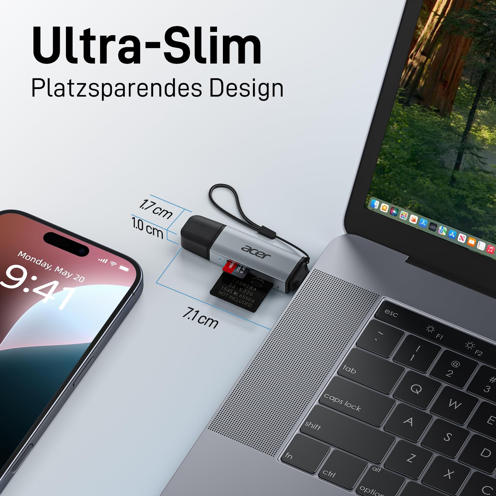 acer SD Kartenleser, Dual USB 3.0 USB C Stecker Kartenlesegerät, Aluminium OTG Adapter SD Card Reader Speicherkartenleser für SD/Micro SD/TF/SDHC/SDXC, iPhone 17 16 15 Serie, Android/Windows/macOS. 7