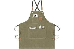 AOLEBA Aprons for Men & Women,Canvas Chef Apron with Cross Back Adjustable,For Kitchen, Garden, Cafe, M-XXL (Green)