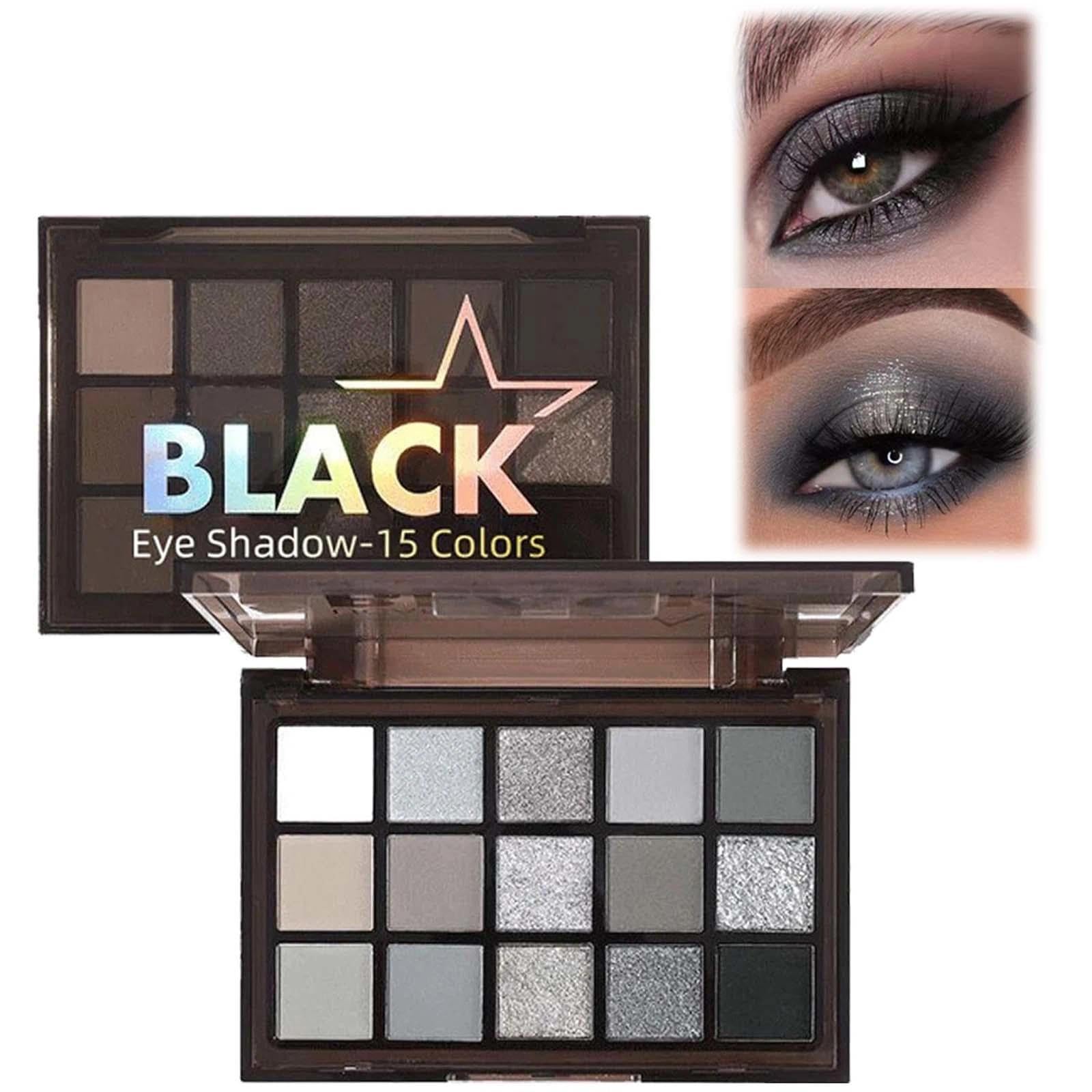 FresFresi Glitter & Matte Black Eyeshadow Palette - 15 Shades Smokey Black, Silver, Gray, and White - Long-Lasting and Highly-Pigmented Makeup Kit for Women