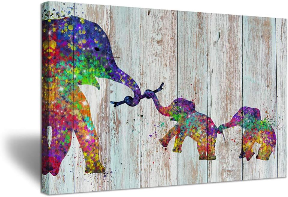 ZingArts Vintage Funny Animal Wall Art Colorful Elephant Family Illustration Art Painting Print On Wood Background Picture Stretched and Framed for Home Living Room Decoration Ready to Hang 24x36inch