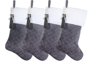 Shgngle Gray Velvet Quilted Personalized Christmas Stocking,19.5 Inch Fireplace Hanging Stockings with Blank Wooden Tags DIY Name,Family Holiday Decorations and Xmas Gift(Grey 4Pcs)