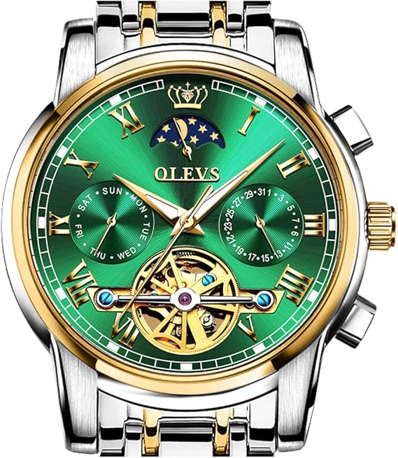 Amazon Olevs 自動巻き腕時計 メンズ メカニカルスケルトン 自動巻き高級ステンレススチール 防水 夜光腕時計 グリーンダイヤルとゴールドシルバーストラップ メンズ腕時計 腕時計 通販