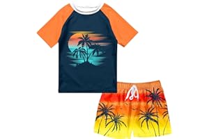 SunFocus Boys Two Piece Rash Guard Swimsuits Sets Bathing Suits with Trunks 4-12 Years