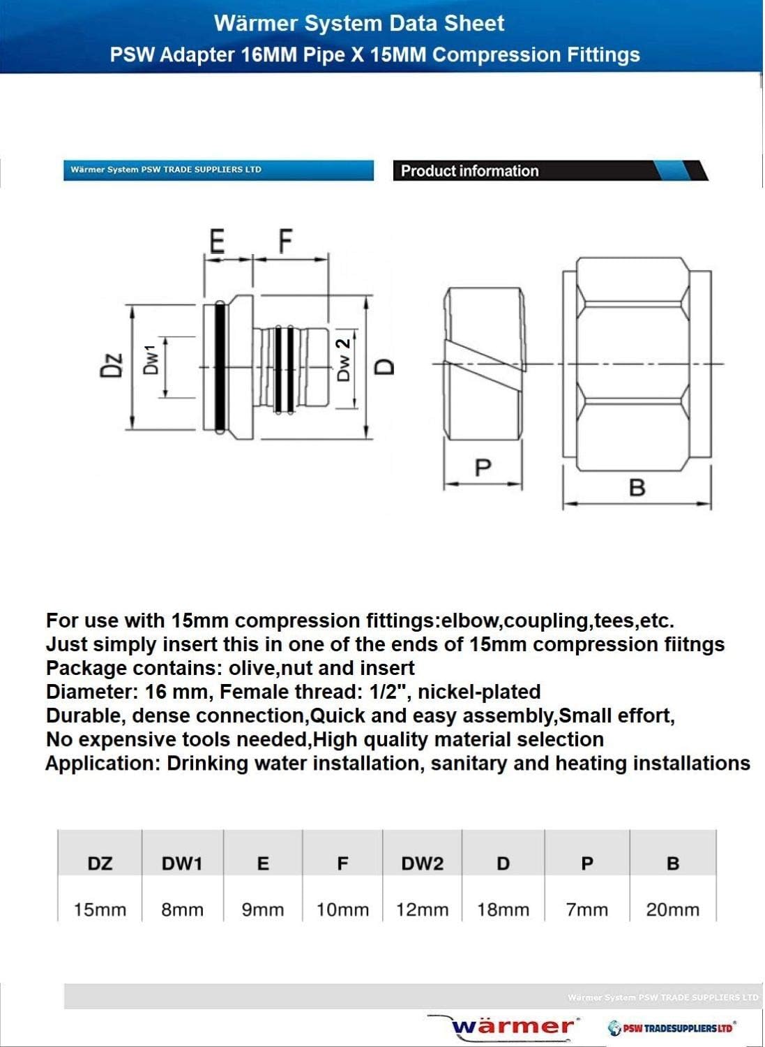 Wärmer System Adapter 16mm Pipe x 15mm Compression Fittings (5), Silver, 0.5 inch - Image 3