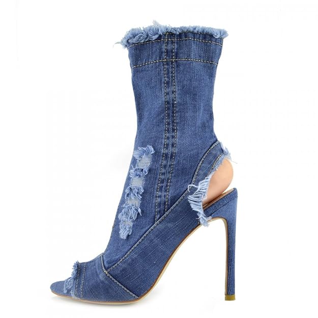 Kick Footwear - Damen Stretch Jeans Über Die Knie Oberschenkel Hohe Open-Toe-Stilettos High Heel