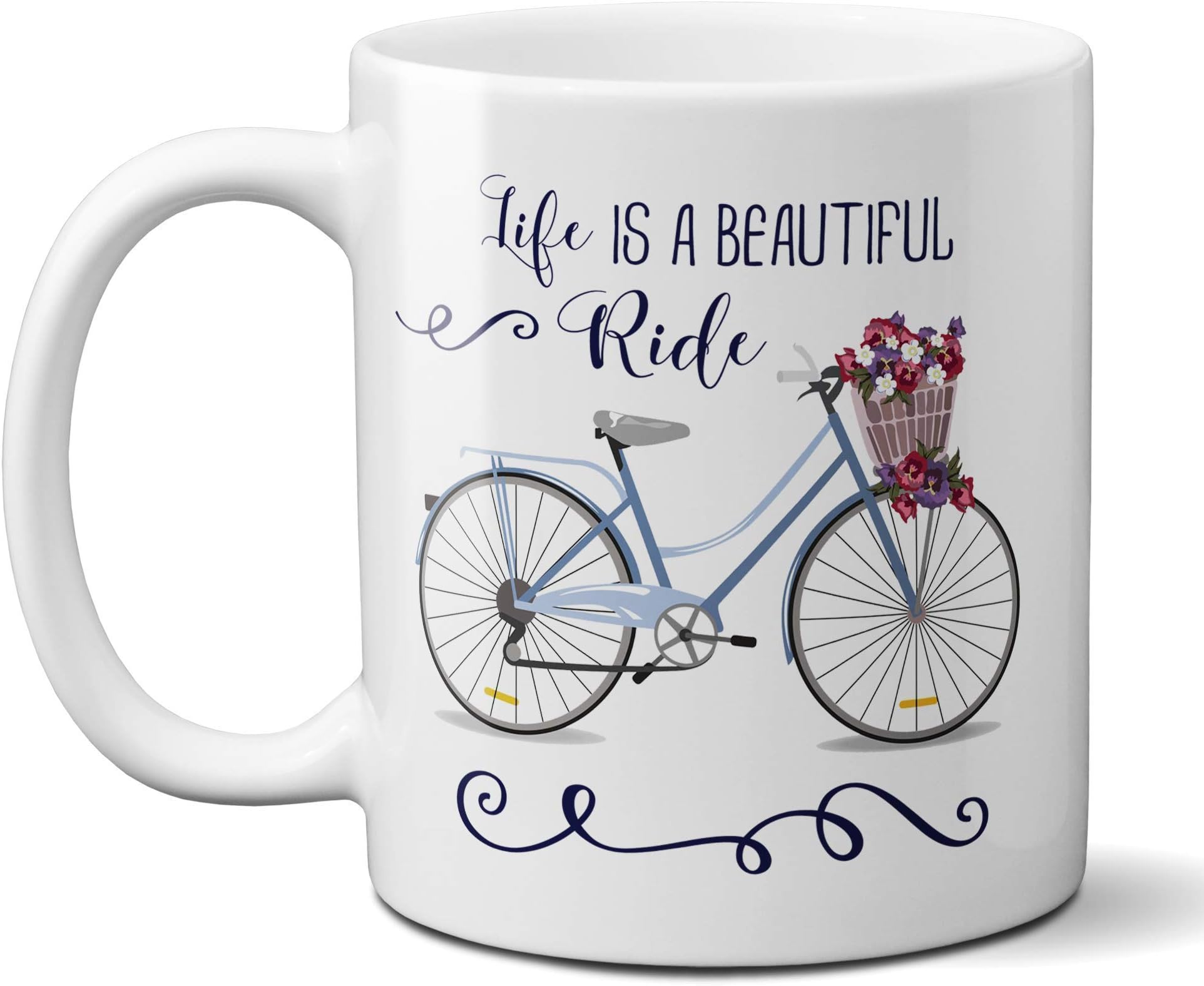 Life is a Beautiful Ride Ceramic Coffee Mug with Bicycle and Flowers 11 or 15 oz.