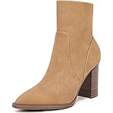 LAICIGO Women's Pointed Toe Ankle Boots Chunky Stacked Heel Side Zipper Faux Leather Ankle Booties