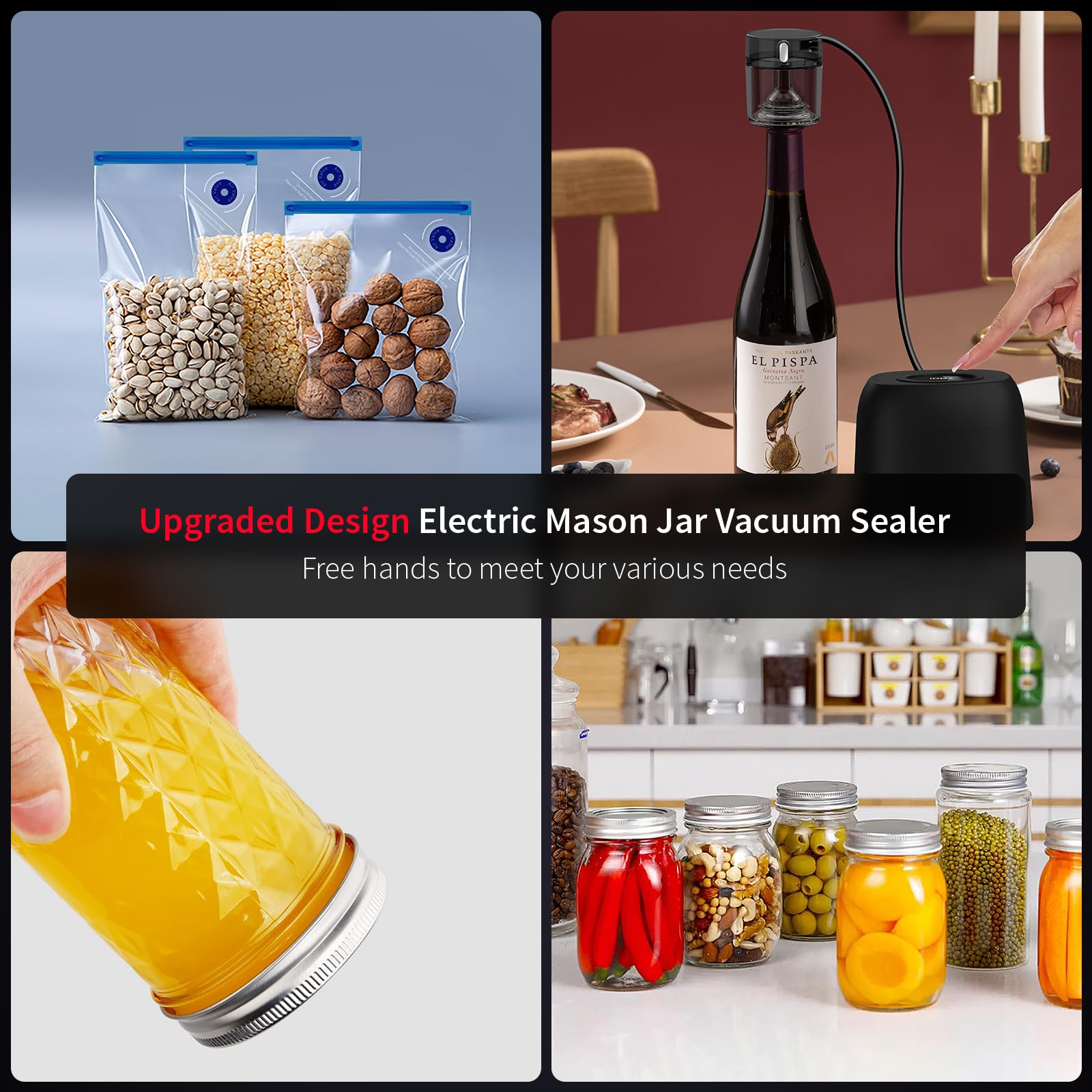 Mason Jar Vacuum Sealer - 3 in 1 Automatic Vacuum & Wine Saver with Food Pump for Canning Jars - Wide & Regular Mouth Mason Lids