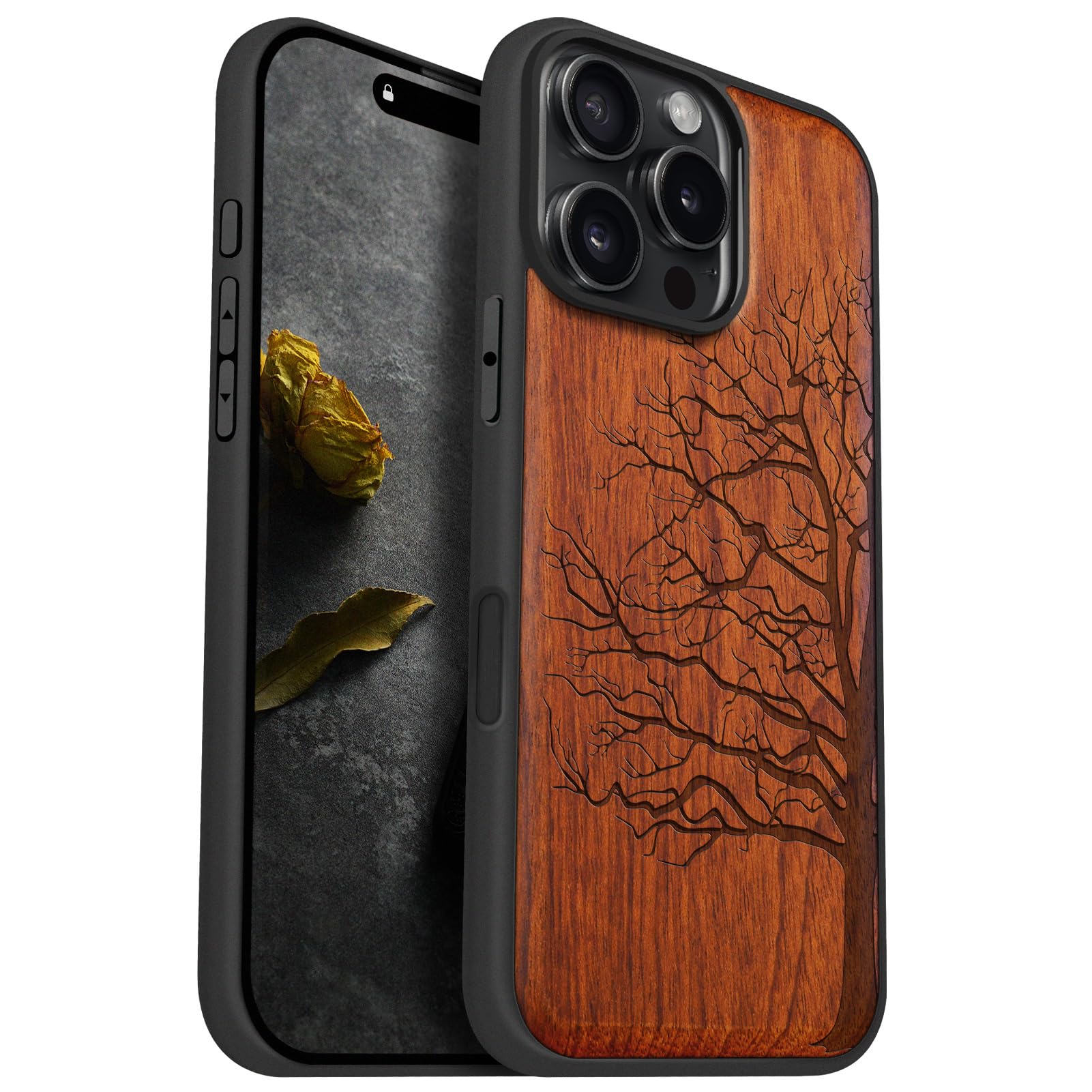 Carveit Magnetic Wooden Case for iPhone 16 Pro Max (Eternal Tree - Red Wood), Solid Wood & Black Soft TPU, Shockproof Protective Cover Compatible with MagSafe