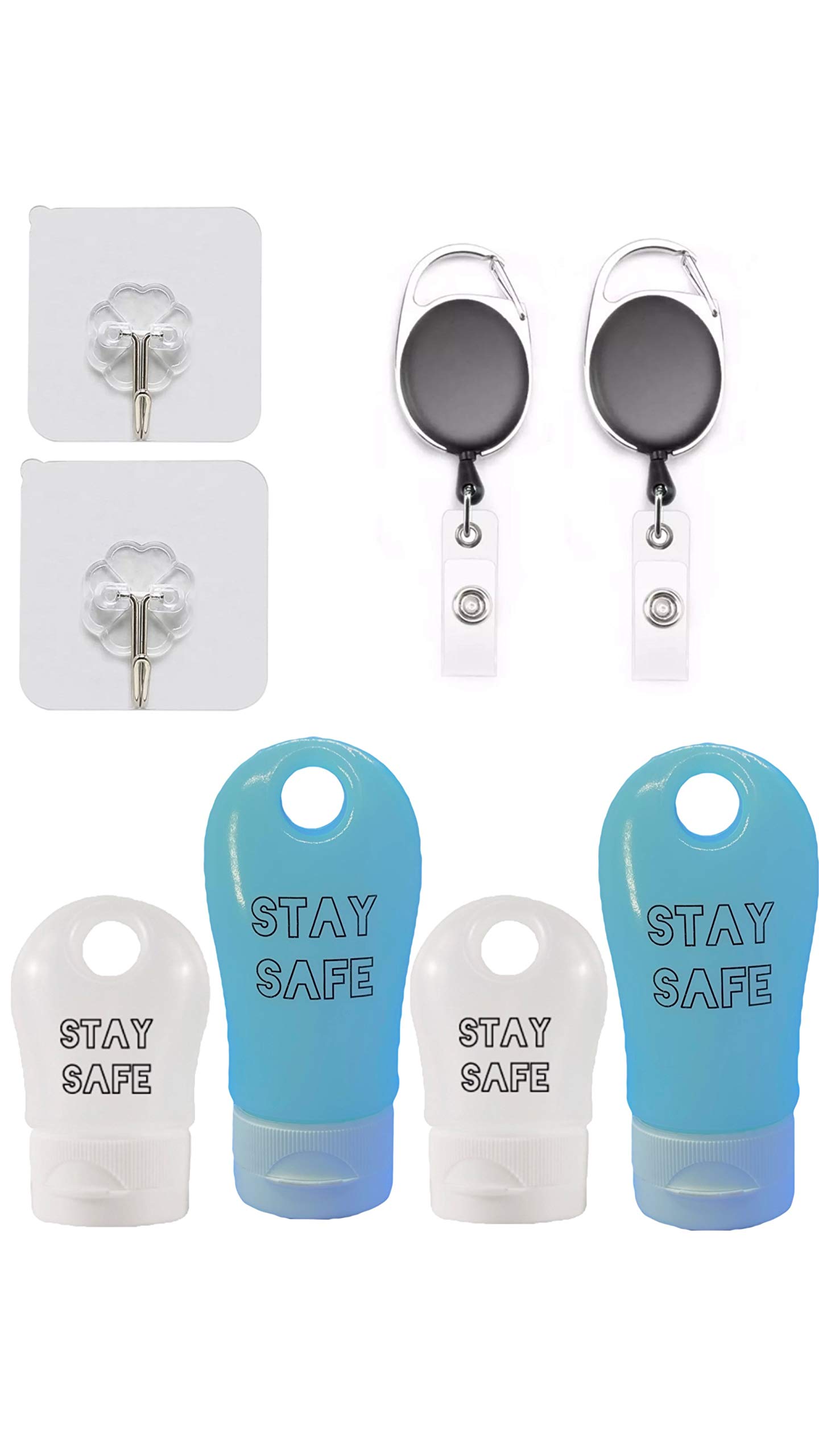 New 4 Silicone Refillable Travel Bottle Set 2 Sizes Hand Liquid Gel Extending Carabiner Clip and Multi Purpose Hook