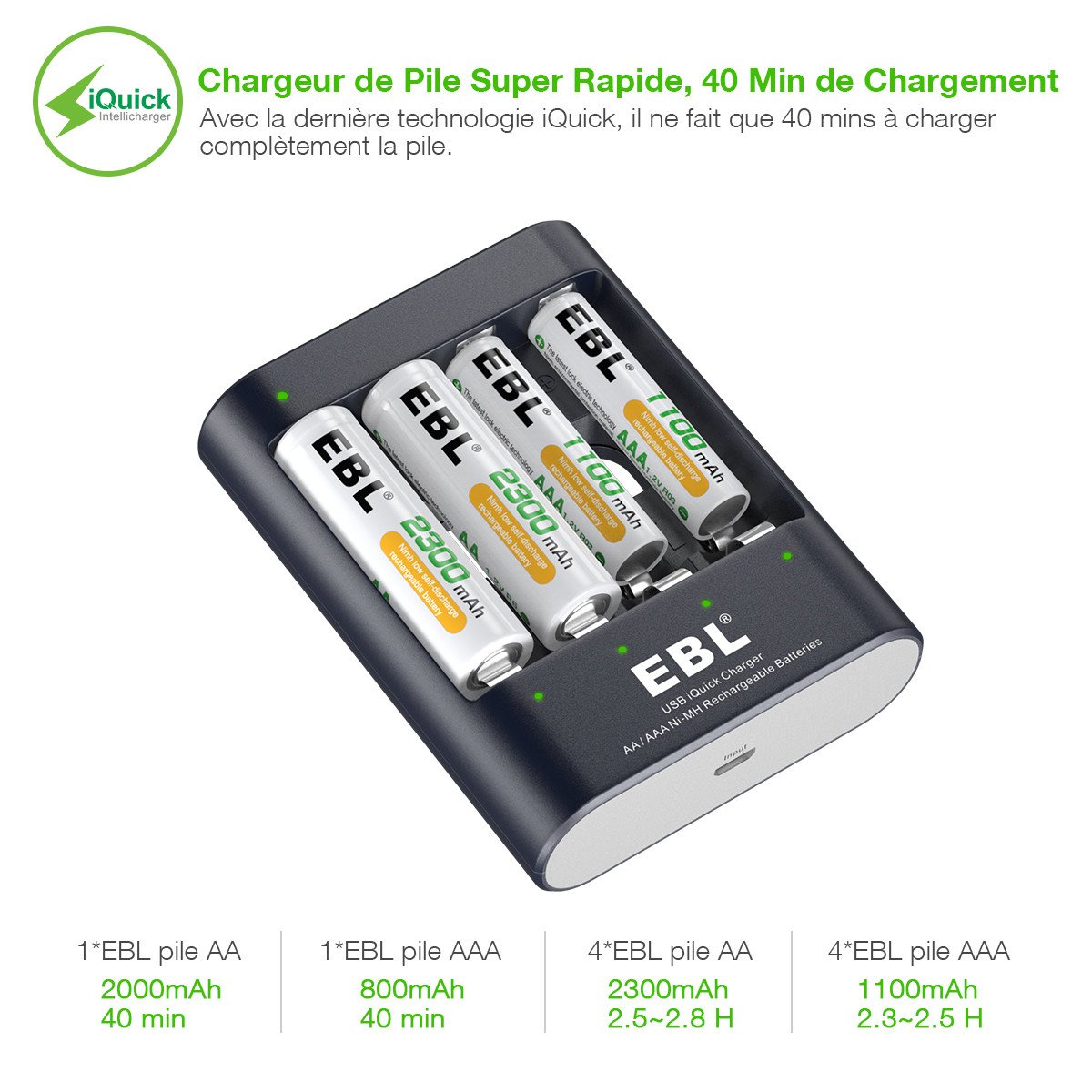 EBL iQuick chargeur de pile rechargeable AA/AAA 40min de charge pou une pile avec lot de 4 piles rechargeables AAA 1100mAh