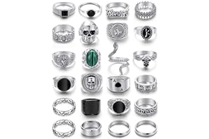 KISS WIFE Vintage Silver Punk Rings Set for Men, Cool Gothic Chunky Rings Bulk, Skull Snake Spade Ace Malachite Stackable Hip