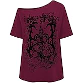 RoseSeek Women's Off The Shoulder Tops Gothic Graphic Tee Y2k Grunge Vintage Oversized T Shirts Trendy Outfits