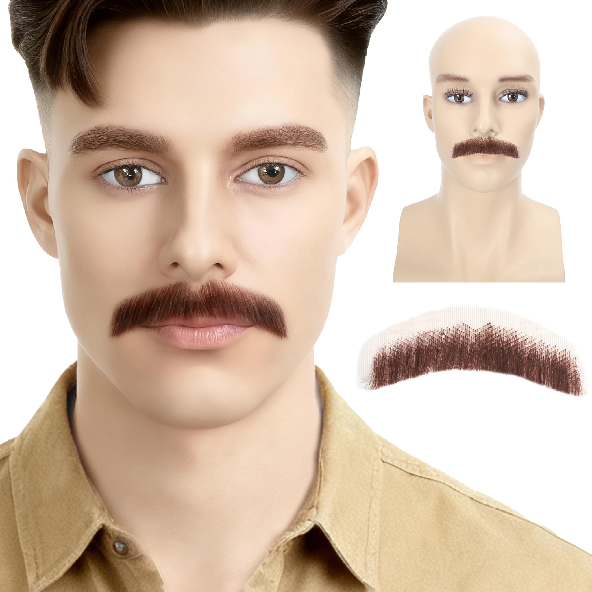 Photo 1 of Adytom Mens Fake Mustache 100% Synthetic Fiber Hair Hand Knoted Costume Party Funny Cosplay Tin Pencil Realistic Beard (Brown)