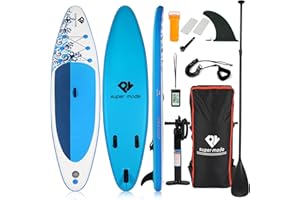 PY SUPER MODE Inflatable Stand Up Paddle Board with Premium SUP Accessories - Backpack, Adjustable Paddle, Non-Slip Deck, Hand Pump, Leash, Fins, Waterproof Bag
