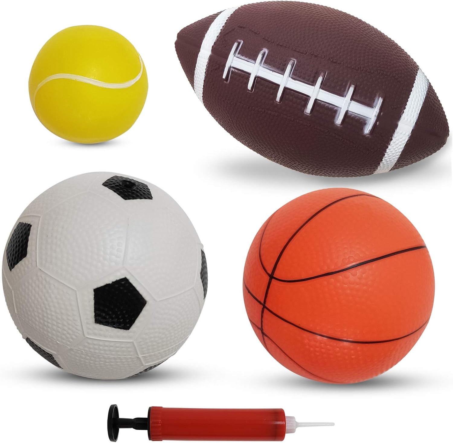 HongMe Set of 4 Soft Sports Balls with Air Pump for Kids & Toddlers - Soccer Ball & Basketball & Football & Tennis Ball