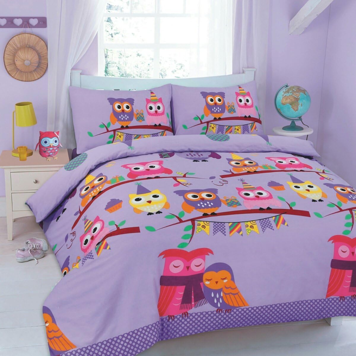 EGYPTO Pollycotton Owl Design Duvet Cover - Comforter with Matching Soft Pillowcase Set for Single Bed (Purple)