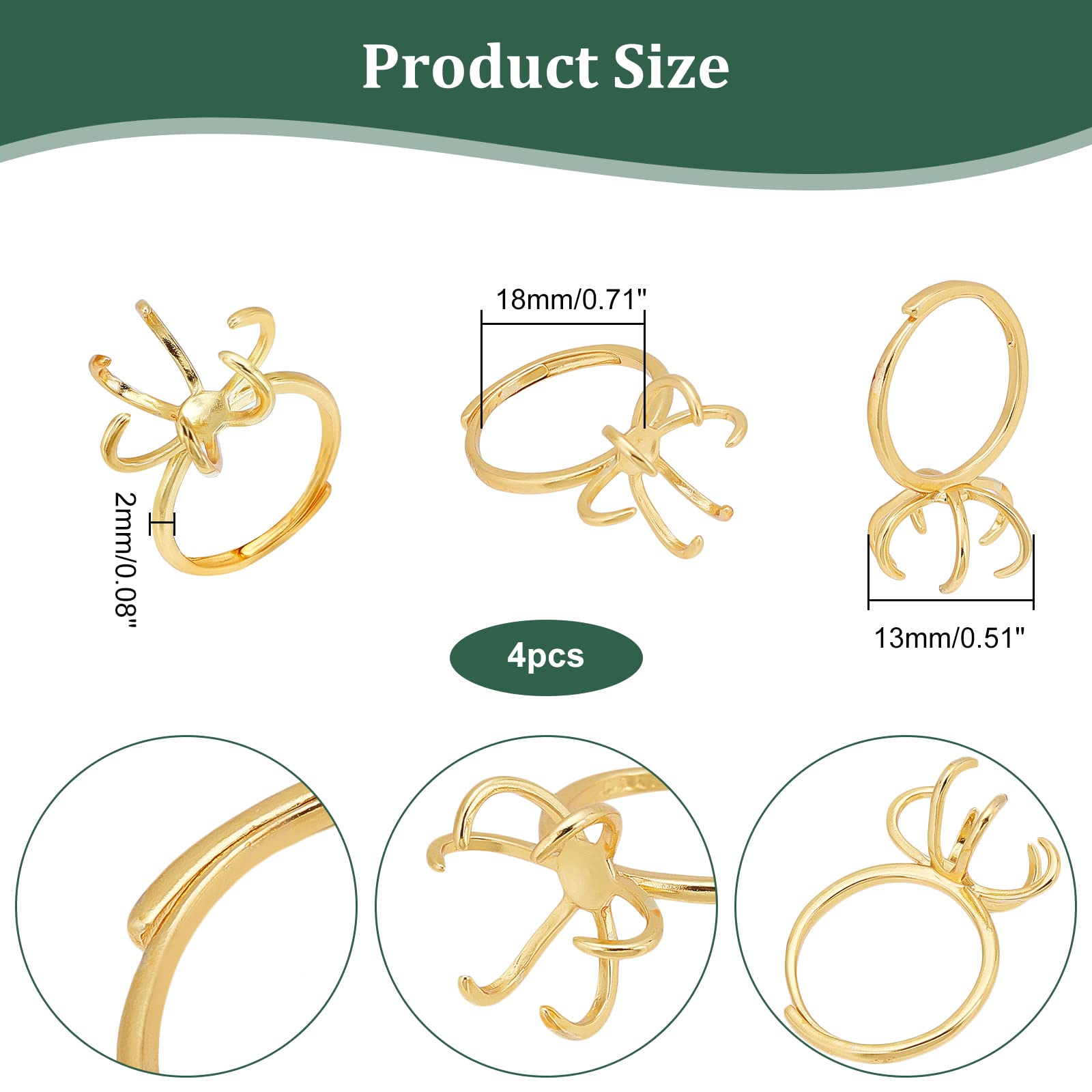 NBEADS 4 Pcs Claw Ring Blank, Adjustable Brass Ring Bases 18mm Finger Ring Components Real 18K Gold Plated Claw Ring Base for DIY Ring Jewelry Making