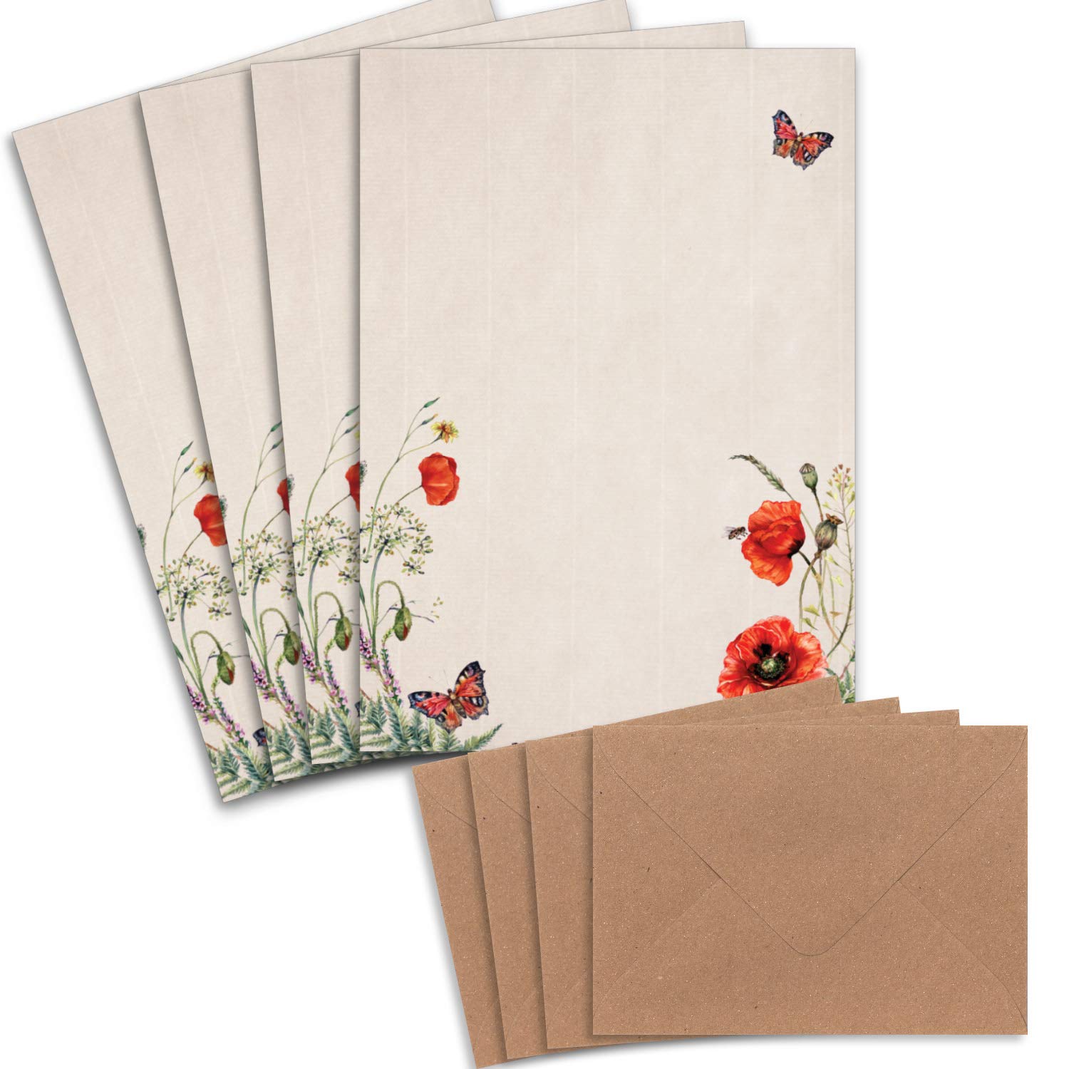 25 Sets of Letter Paper DIN A4 – Natural Paper Poppy Motif with Ribbed Look – with Envelopes DIN C6 in Kraft Paper Natural Pink Letter Paper – Printable – Ideal for Wedding Invitations