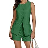 luvamia Linen Sets for Women 2 Piece Outfits Summer Shorts Button Down Vest Dressy Causal Vacation Comfy Matching Set