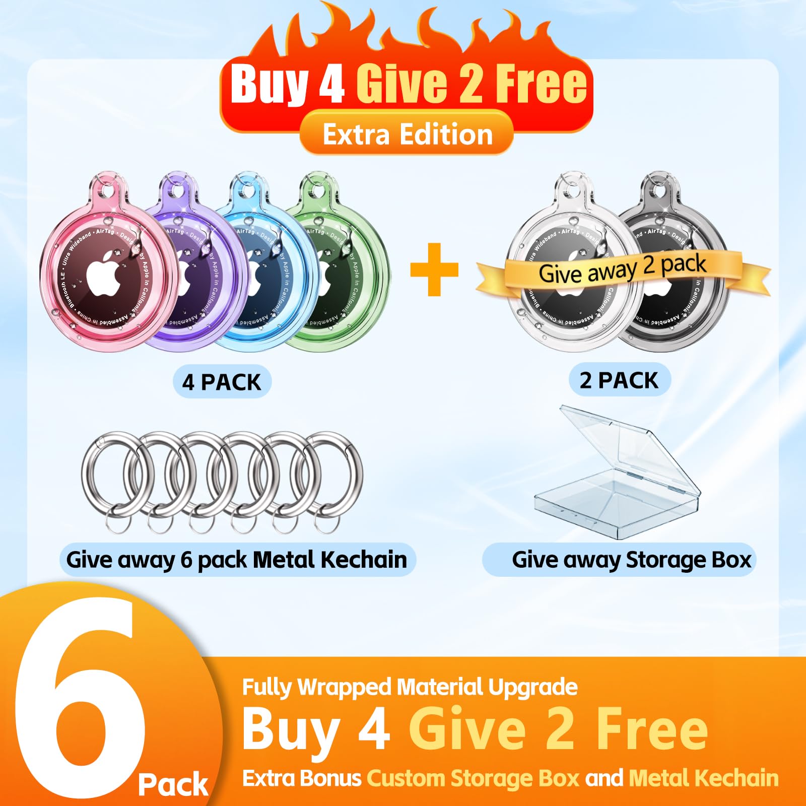 Galafoki Waterproof 4 Pack Compatible with Apple AirTags Holder, Clear Air Tags-4 Pack Air Tags Case with AirTags Keychain for Kids Dog, Pet,Car Keys, Luggage-Purle+Pink+Blue+Purple+Black+White