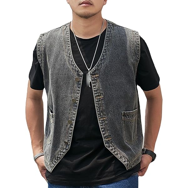 Yvipette Men's Sleeveless V Neck Collarless Denim Vest Biker
