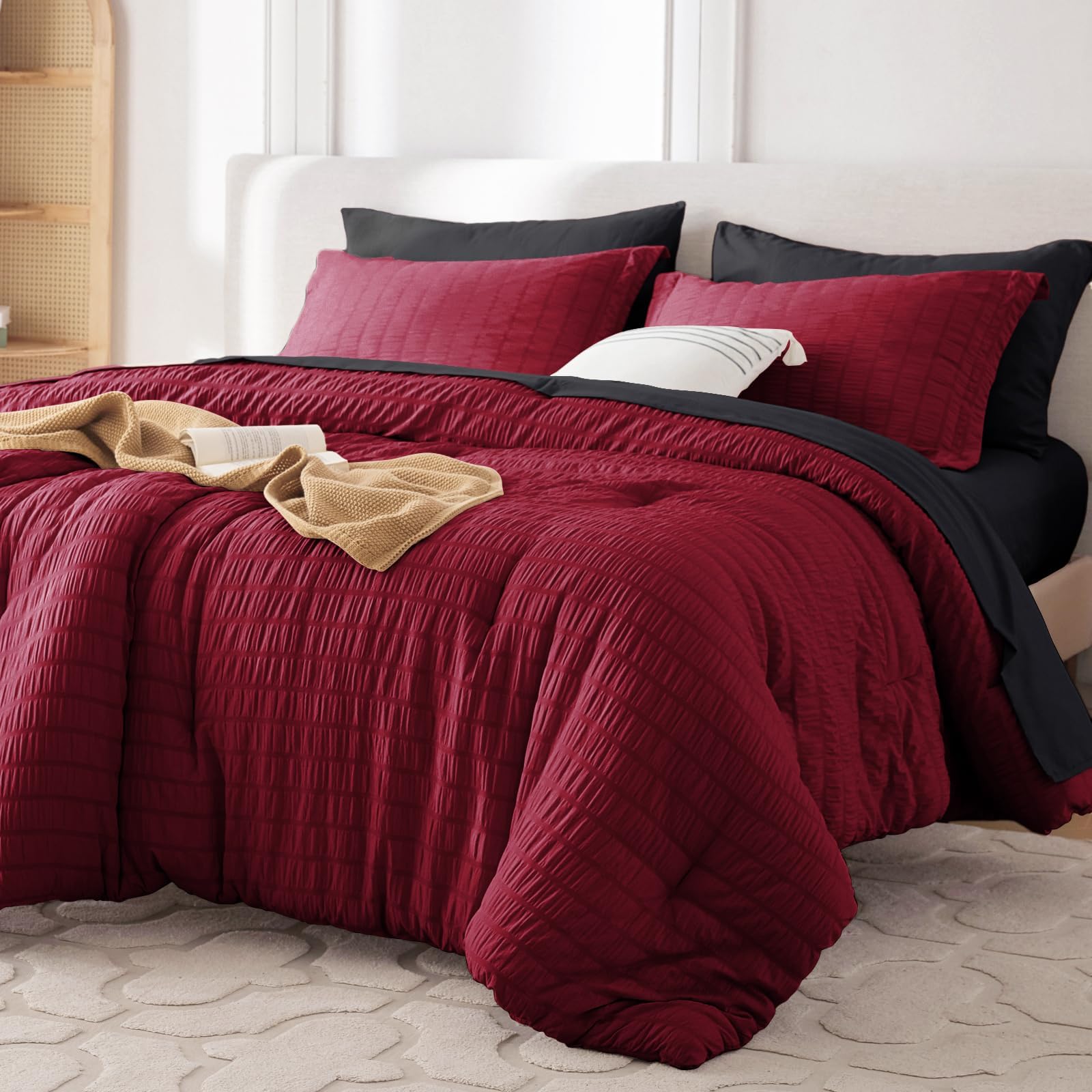 MUXHOMO 5 Pieces Twin Comforter Set, Seersucker Bed in a Bag Twin Size, All Season Luxury Bedding Set with Comforter, Flat Sheet, Fitted Sheet, Pillowcase & Sham, Red & Black Image