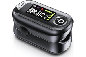 ALECAREMED Fingertip Pulse Oximeter with Memory, TFT-OLED 4 Color Large Screen Blood Oxygen Saturation Monitor (SpO2), Oxygen Meter Finger with Heart Rate, Brightness and Sound Adjustable, Black, 2 Batteries