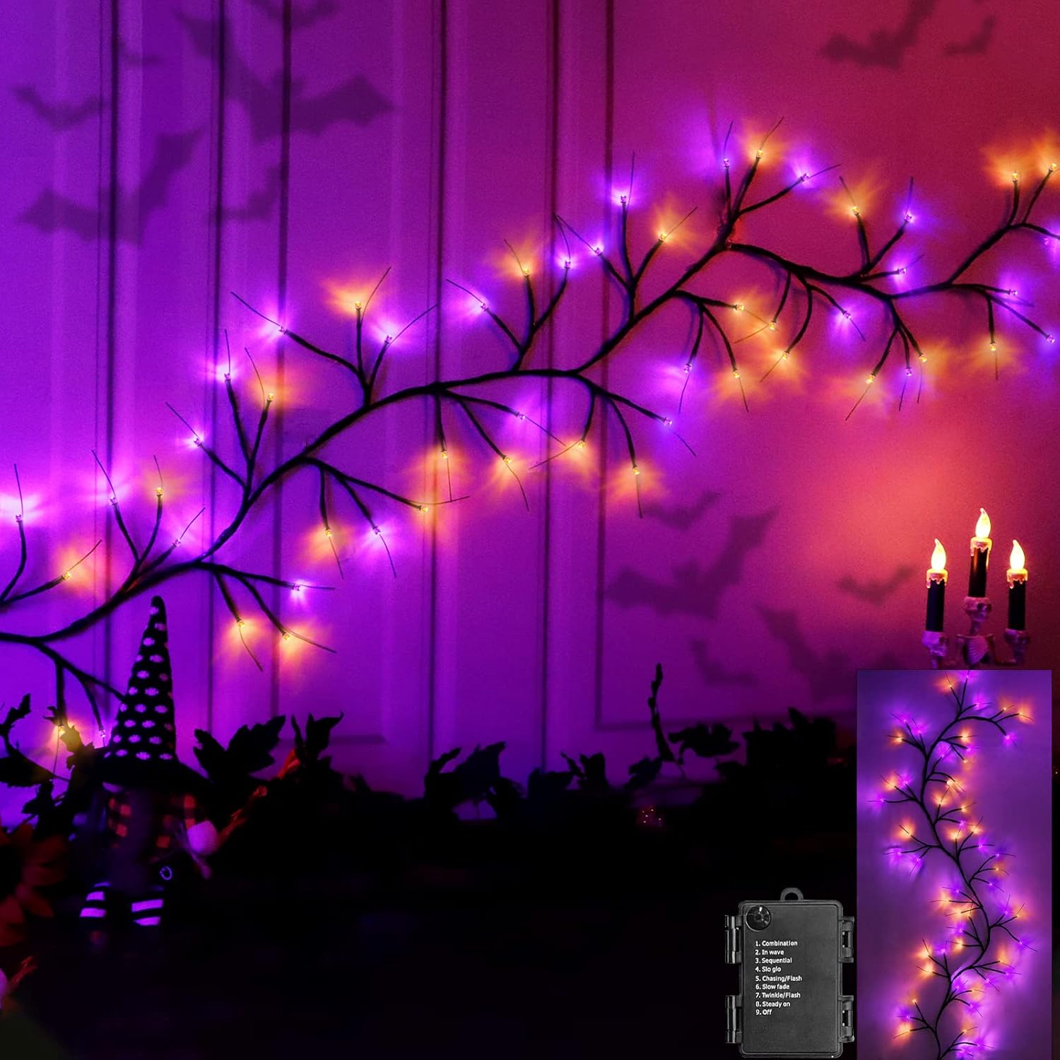 Wreaths, Garlands & Swags - [ Orange & Purple ] Halloween Willow Vine Twig Decorations Branches Garland 6 Ft 54 LED Lights with Timer 8 Modes Waterproof Battery Operated for Wall Home Fireplace Mantle Indoor Halloween Decor