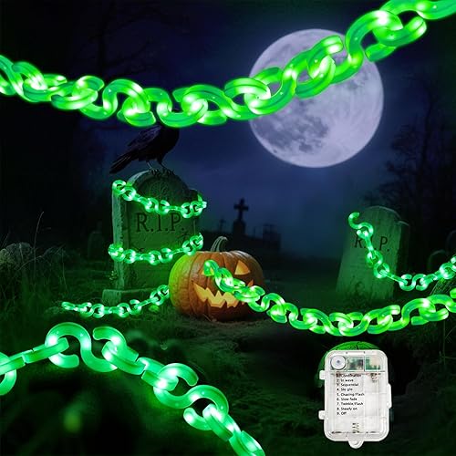 Kenburg Chain Lights Halloween Decorations - 10 Ft 160 LED String Lights with Waterproof, 8 Lighting Modes and Timer Function, Battery Operated Props Chains for Outdoor Indoor - Green