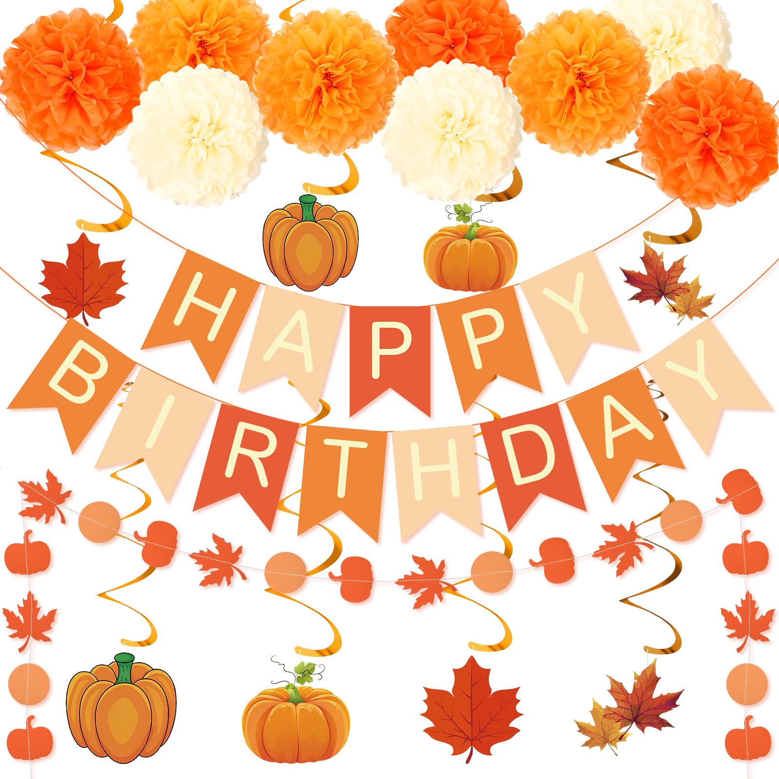Photo 1 of ***FACTORY SEALED***Autumn Birthday Party Decorations Fall Birthday Decorations Orange Happy Birthday Banner Glitter Pumpkin and Maple Leaf Garland Hanging Swirls Pompom Flowers for Birthday Party Supplies Thanksgiving***FACTORY SEALED***
